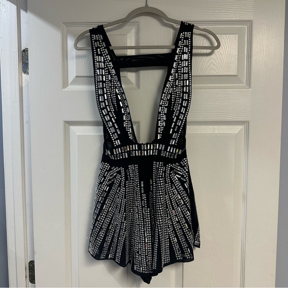 AKIRA Black and Silver Embellished Rhinestone Romper NWT - Picture 1 of 5